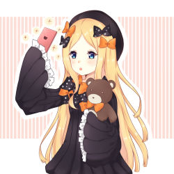 Rule 34 | 1girl, abigail williams (fate), bad id, bad pixiv id, black bow, black dress, black hat, blonde hair, blue eyes, bow, cellphone, commentary request, dress, fate/grand order, fate (series), hair bow, hat, highres, holding, holding phone, hugging object, light (luxiao deng), long hair, long sleeves, looking at viewer, orange bow, parted bangs, phone, polka dot, polka dot bow, selfie, sleeves past wrists, smartphone, solo, sparkle, striped, striped background, stuffed animal, stuffed toy, teddy bear, vertical stripes, very long hair