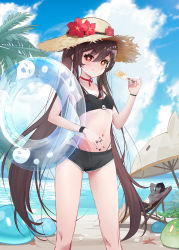 Rule 34 | 1boy, 1girl, absurdres, bare legs, beach, black hair, black nails, blush, breasts, brown hair, chair, cloud, cloudy sky, day, feet out of frame, flower, flower-shaped pupils, food, genshin impact, gradient hair, hair between eyes, hat, highres, hu tao (genshin impact), ice cream, jewelry, long hair, looking at viewer, malon (chuan2700), multicolored hair, multiple rings, nail polish, navel, ocean, outdoors, ponytail, red eyes, ring, sand, shadow, sidelocks, sitting, sky, slime (genshin impact), small breasts, smile, standing, starfish, straw hat, summer, sunglasses, swimsuit, symbol-shaped pupils, thighs, toned, toned male, topless male, tree, twintails, umbrella, very long hair, zhongli (genshin impact)