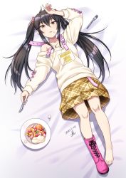 Rule 34 | 1girl, animal print, belt, black hair, boots, cake, clothes writing, collarbone, commentary request, dated, flat chest, food, food on face, fork, fruit, full body, hand on own head, highres, holding, holding knife, idolmaster, idolmaster cinderella girls, idolmaster cinderella girls starlight stage, jewelry, knife, leopard print, long hair, long sleeves, lying, matoba risa, necklace, off-shoulder shirt, off shoulder, on back, on bed, parted lips, pink footwear, pink ribbon, plaid, plaid skirt, plate, print ribbon, ribbon, shadow, shirt, sidelocks, signature, single boot, skirt, solo, strawberry, twintails, whipped cream, yellow eyes, yellow shirt, yellow skirt, yoohi