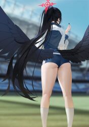 Rule 34 | 1girl, ass, black hair, black wings, blue archive, blue jacket, comiket 104, commentary request, day, feathered wings, feet out of frame, from behind, gym, gym shorts, halo, hasumi (blue archive), hasumi (track) (blue archive), highres, holding, holding pen, jacket, kneepits, long hair, low wings, midfinger, multicolored clothes, multicolored jacket, official alternate costume, official alternate hairstyle, outdoors, pen, ponytail, red halo, shorts, socks, solo, standing, thighs, track jacket, two-tone jacket, very long hair, white jacket, white socks, wings, wings through clothes