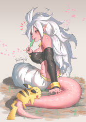 Rule 34 | absurdres, android 21, bandeau, black sclera, bosstseng, breasts, candy, colored sclera, colored skin, creatures (company), crossover, detached sleeves, dragon ball, dragon ball fighterz, ear piercing, earrings, food, game freak, gen 1 pokemon, highres, holding, holding candy, holding food, holding lollipop, indian style, jewelry, large breasts, licking, lollipop, looking back, majin android 21, nintendo, petals, piercing, pikachu, pink skin, pokemon, pokemon (creature), red eyes, saliva, sitting, sleeping, tail, tongue, tongue out, white hair