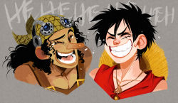 Rule 34 | 2boys, bandana, black hair, curly hair, goggles, goggles on head, hat, unworn hat, unworn headwear, laughing, male focus, monkey d. luffy, multiple boys, one piece, overalls, red vest, smile, stampede string, straw hat, usopp, vest