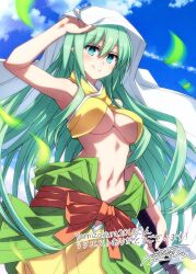 Rule 34 | 1girl, arm up, armpits, bare arms, bare shoulders, blue eyes, blush, breasts, closed mouth, commentary request, commission, cowboy shot, eyes visible through hair, green hair, hair between eyes, head scarf, himetsuru ichimonji (tenka hyakken), holding, jpeg artifacts, long hair, looking at viewer, medium breasts, motion blur, navel, orange sash, outdoors, petals, revealing clothes, sash, sazanami mio, scarf, sidelocks, signature, skeb commission, smile, solo, stomach, tenka hyakken, thank you, very long hair, white scarf, wind
