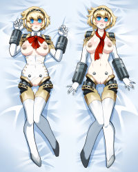 Rule 34 | 1girl, aegis (persona), android, blonde hair, blue eyes, blush, bow, bowtie, breasts, breasts out, dakimakura (medium), joints, looking at viewer, lying, nipples, nopeavi, on back, parted lips, persona, persona 3, pussy, robot joints, short hair, solo, torn clothes, uncensored, undone