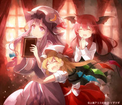 Rule 34 | 3girls, 60mai, :d, ^ ^, blonde hair, book, closed eyes, coat, crescent, curtains, demon girl, demon wings, dress, fang, flandre scarlet, hair ribbon, happy, hat, head wings, hug, hug from behind, koakuma, long hair, long sleeves, mob cap, multiple girls, open clothes, open coat, open mouth, patchouli knowledge, puffy short sleeves, puffy sleeves, purple dress, purple eyes, red dress, red hair, ribbon, short sleeves, smile, striped clothes, striped dress, touhou, tress ribbon, very long hair, wide sleeves, window, wings, wtouhou