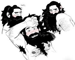 Rule 34 | 1boy, alternate hairstyle, arm hair, armpit hair, armpits, bara, beard, black hair, blush, chest hair, completely nude, covered mouth, cropped torso, dungeon meshi, dwarf, ear blush, facial hair, hairy, hand on own face, light frown, long beard, long hair, looking at viewer, male focus, mature male, muscular, muscular male, mustache, nipples, nude, pectorals, senshi (dungeon meshi), solo, thick eyebrows, thick mustache, turning head, twintails, yak (y4k100y4k)