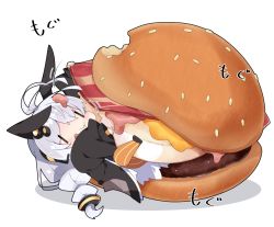 Rule 34 | 1girl, :t, animal ears, antenna hair, bacon, black jacket, braid, burger, chibi, closed mouth, commentary, eating, food, food on hair, food on head, hair between eyes, hair ornament, in food, jacket, kizuna akari, long hair, milkpanda, mini person, minigirl, object on head, orange pantyhose, pantyhose, puffy cheeks, puffy short sleeves, puffy sleeves, rabbit ears, shadow, short sleeves, silver hair, solo, striped clothes, striped pantyhose, translated, twin braids, twintails, vertical-striped clothes, vertical-striped pantyhose, very long hair, voiceroid, wavy mouth, white background, | |