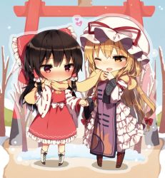 Rule 34 | 2girls, ascot, bad id, bad twitter id, black footwear, black hair, blonde hair, blue sky, blush, boots, bow, chibi, commentary request, day, detached sleeves, dress, frilled bow, frills, hair between eyes, hair bow, hair tubes, hakurei reimu, hand up, hat, hat ribbon, heart, layered dress, long hair, long sleeves, looking at another, mob cap, multiple girls, one eye closed, outdoors, petticoat, red bow, red dress, red eyes, red ribbon, ribbon, ribbon-trimmed sleeves, ribbon trim, scarf, shadow, shared clothes, shared scarf, shnva, sidelocks, sky, snow, snowing, tabard, torii, touhou, very long hair, white dress, white footwear, white hat, wide sleeves, winter, yakumo yukari, yellow ascot, yellow eyes, yellow scarf, yuri