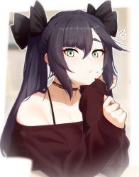 Rule 34 | 1girl, alternate costume, aqua eyes, bare shoulders, black bow, blunt bangs, blush, bow, breasts, casual, chocolate, choker, cleavage, dev (dev0614), food, food on face, genshin impact, hair bow, hand on own cheek, hand on own face, long hair, long sleeves, looking at viewer, medium breasts, mona (genshin impact), off shoulder, pocky, purple hair, smile, snack, solo, sweater, twintails, upper body