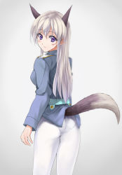 Rule 34 | 1girl, animal ears, ass, blush, eila ilmatar juutilainen, fox ears, fox tail, grey background, kabocha, kabocha (monkey4), long hair, looking at viewer, looking back, military, military uniform, panties, panties under pantyhose, pantyhose, purple eyes, silver hair, solo, strike witches, tail, underwear, uniform, white pantyhose, world witches series