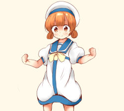 Rule 34 | 1girl, beige background, brown eyes, brown hair, commentary request, cowboy shot, dress, hat, himemiya aisu, kaiboukan no.4 (kantai collection), kantai collection, looking at viewer, low twintails, sailor dress, sailor hat, short hair, short sleeves, simple background, smile, solo, twintails, white dress, white hat