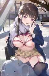 Rule 34 | 1girl, bag, bench, black hair, black thighhighs, blush, bow, bowtie, bra, breasts, cleavage, exhibitionism, fishnet bra, fishnet panties, fishnets, frilled bra, frills, garter straps, grey scarf, hair ornament, hairclip, highres, large breasts, light areolae, lingerie, long hair, looking at viewer, medium breasts, natsuhiko, nipples, open mouth, original, outdoors, plaid, plaid skirt, playground, pleated skirt, public indecency, purple bow, purple bowtie, purple eyes, pussy, scarf, see-through, sidelocks, sitting, skirt, slide, solo, spring rider, thighhighs, tongue, tree, underwear