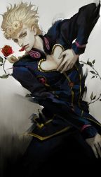 Rule 34 | 1boy, blonde hair, clothing cutout, flower, giorno giovanna, heart cutout, jojo no kimyou na bouken, male focus, realistic, red flower, red rose, rose, solo, vento aureo, victory rolls, white-corner, yellow eyes