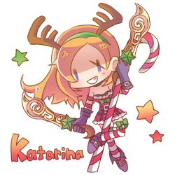 Rule 34 | 1girl, alternate costume, candy, candy cane, character name, chibi, food, katarina (league of legends), league of legends, long hair, lowres, orange hair, scar, shimatta, slay belle katarina, smile, solo, striped clothes, striped thighhighs, thighhighs