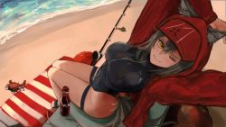 Rule 34 | 1girl, absurdres, aernius, animal ears, arknights, arms up, ball, bare legs, beach, beach towel, beachball, black footwear, black one-piece swimsuit, bottle, breasts, cola, commentary, crab, fishing rod, flip-flops, grey hair, hair between eyes, highres, hood, hooded jacket, jacket, large breasts, long sleeves, looking at viewer, ocean, one-piece swimsuit, one eye closed, open clothes, open jacket, projekt red (arknights), projekt red (light breeze) (arknights), red jacket, sandals, short hair, sitting, solo, swimsuit, thigh strap, thighs, towel, water, wolf ears, yellow eyes