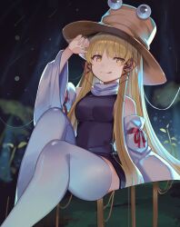 Rule 34 | 1girl, alternate hair length, alternate hairstyle, arm up, blonde hair, breasts, brown hat, closed mouth, commentary, detached sleeves, falken (yutozin), feet out of frame, hair ribbon, hat, highres, knee up, light smile, long hair, looking at viewer, medium breasts, moriya suwako, night, outdoors, photoshop (medium), purple skirt, purple vest, rain, red ribbon, revision, ribbon, sitting, skirt, skirt set, solo, thick thighs, thighhighs, thighs, tongue, tongue out, touhou, tress ribbon, turtleneck, very long hair, vest, white thighhighs, wide sleeves, yellow eyes, zettai ryouiki