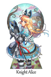 Rule 34 | 1girl, absurdres, alice (alice in wonderland), alice in wonderland, armor, artist name, black bow, blonde hair, blue dress, blue eyes, blue sky, bow, braid, card, character name, dress, frilled dress, frills, gauntlets, grass, helmet, highres, key, keyhole, long hair, looking at viewer, mushroom, outdoors, pantyhose, playing card, playing card theme, sash, sky, solo, soyoong jun, standing, striped bow, striped clothes, striped legwear, striped pantyhose, sword, unworn headwear, unworn helmet, weapon, white bow