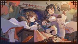 Rule 34 | 2girls, :d, :o, aerial fireworks, ahoge, animal, azur lane, bamboo steamer, baozi, black hair, black legwear, blunt bangs, brown hair, china dress, chinese clothes, commentary request, curtains, dress, fireworks, food, fur-trimmed jacket, fur trim, guan tang baozi, hairband, hairpods, highres, indoors, jacket, lantern, long hair, long sleeves, multiple girls, night, night sky, ning hai (azur lane), open clothes, open jacket, open mouth, panda, paper lantern, parted lips, pelvic curtain, ping hai (azur lane), purple dress, purple eyes, red dress, red eyes, scissors, single thighhigh, sky, sleeves past wrists, smile, standing, sweat, table, thighhighs, twintails, v-shaped eyebrows, white hairband, white jacket, window