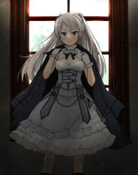 Rule 34 | 1girl, black coat, blush, brown eyes, closed mouth, coat, coat on shoulders, conte di cavour (kancolle), conte di cavour nuovo (kancolle), dress, feet out of frame, gloves, highres, kantai collection, kitsuneno denpachi, layered dress, long hair, short sleeves, silver hair, smile, solo, two-tone dress, two side up, white dress, white gloves, window