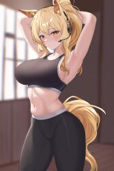 Rule 34 | 1girl, absurdres, animal ear fluff, animal ears, arknights, armpits, arms up, bare shoulders, black pants, blonde hair, blurry, blurry background, blush, breasts, cdof1300, commentary request, cowboy shot, crop top, headset, highres, indoors, large breasts, leggings, long hair, looking at viewer, midriff, navel, nearl (arknights), pants, ponytail, solo, sports bra, standing, stomach, tail, thighs, yellow eyes
