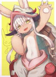 Rule 34 | 1girl, animal ears, blush, ears through headwear, flat chest, furry, furry female, hat, long hair, made in abyss, nanachi (made in abyss), pouch, solo, whiskers, white hair, yellow eyes