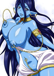 Rule 34 | 1girl, armlet, armpits, bad id, bad pixiv id, blue eyes, blue hair, blue skin, breasts, colored skin, fingernails, genie, huge breasts, jewelry, kameneji, linked piercing, linked piercings, long fingernails, long hair, lots of jewelry, magi the labyrinth of magic, matching hair/eyes, navel, navel piercing, necklace, nipple chain, nipple piercing, nipples, paimon (magi), piercing, pointy ears, smile, solo
