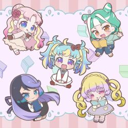 Rule 34 | 5girls, :d, ahoge, black hair, blonde hair, blue eyes, blue hair, blue pants, blunt bangs, book, bow, carron (pretty series), chibi, chii (chi pppuri), chimumu, closed mouth, commentary request, cup, disposable cup, double bun, dress, flower, full body, green hair, green shirt, hair bow, hair bun, hair flower, hair ornament, hair ribbon, hanitan, holding, holding book, holding cup, long hair, long sleeves, looking at viewer, multicolored hair, multiple girls, myamu, open book, open mouth, orange eyes, pants, parted bangs, patano (pretty series), pink eyes, pink flower, pink hair, pink rose, pretty series, purple eyes, purple hair, ribbon, rose, shirt, short hair, sidelocks, sitting, smile, standing, streaked hair, tongue, tongue out, twintails, very long hair, waccha primagi!, wavy hair, white dress, white hair