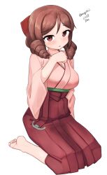 Rule 34 | 1girl, absurdres, barefoot, bow, brown hair, drill hair, full body, hair bow, hakama, harukaze (kancolle), highres, japanese clothes, kantai collection, kimono, looking at viewer, maru (marg0613), meiji schoolgirl uniform, one-hour drawing challenge, pink kimono, red bow, red eyes, red hakama, seiza, simple background, sitting, solo, twin drills, white background