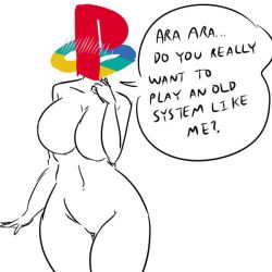 Rule 34 | 1girl, blush, breasts, english text, game console, huge breasts, mature female, nude, original, parody, personification, simple background, solo, speech bubble, white background, wide hips