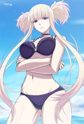 Rule 34 | 10s, 1girl, alternate eye color, aoki hagane no arpeggio, bikini, blonde hair, blue lips, blunt bangs, body blush, breasts, breasts apart, choker, cloud, cowboy shot, crossed arms, day, from below, h-new, hip bones, jewelry, kongou (aoki hagane no arpeggio), lace, lace-trimmed bikini, lace trim, large breasts, light smile, lipstick, long hair, looking at viewer, makeup, navel, o-ring, o-ring bikini, o-ring top, ocean, outdoors, pale skin, pendant, purple bikini, purple eyes, short twintails, sidelocks, signature, sky, smile, solo, standing, swimsuit, thick thighs, thighs, twintails, very long hair, water, wide hips