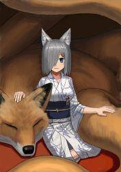 Rule 34 | 10s, 1girl, animal, animal ears, collarbone, fox, fox ears, hair ornament, hair over one eye, hairclip, hamakaze (kancolle), highres, japanese clothes, kantai collection, kemonomimi mode, kimono, looking at viewer, obi, oversized animal, sash, short hair, simple background, solo, wasabi60, white background