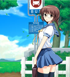 Rule 34 | bow, bowtie, braid, brown eyes, brown hair, bus stop, cloud, day, fence, glasses, grass, korean text, mirk, pleated skirt, school uniform, skirt, sky, solo, thighhighs, tree, twintails, wind, zettai ryouiki