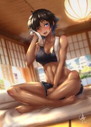 Rule 34 | 1girl, absurdres, bare arms, bare legs, bare shoulders, barefoot, black hair, black shorts, black sports bra, blue eyes, blue hair, breasts, ceiling, chinese commentary, cleavage, commentary request, dark-skinned female, dark skin, dated, dolphin shorts, dutch angle, fang, flamerush191, full body, futon, gradient hair, highres, holding, holding towel, indian style, indoors, lantern, looking at viewer, medium breasts, midriff, multicolored hair, one eye closed, original, paid reward available, paper lantern, short hair, short shorts, shorts, signature, sitting, solo, sports bra, steaming body, sweat, tomboy, towel, towel around neck, two-tone hair, variant set, very sweaty, wiping sweat