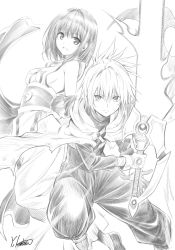 Rule 34 | 1boy, 1girl, artist name, cape, commentary request, gloves, greyscale, highres, iyo (yamato gensouki), japanese clothes, looking at viewer, miko, monochrome, official art, serious, shion (yamato gensouki), signature, simple background, sketch, smile, sword, weapon, white background, yabuki kentarou, yamato gensouki