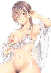Rule 34 | 1girl, arm up, armpits, blush, bra, bra pull, breasts, breasts out, brown eyes, brown hair, clothes pull, female pubic hair, highres, huge nipples, koorizu, long hair, looking at viewer, medium breasts, navel, nipples, original, out-of-frame censoring, pubic hair, puffy nipples, smile, solo, sweat, underwear