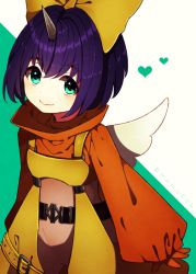 Rule 34 | 1girl, bodysuit, bow, closed mouth, eiko carol, final fantasy, final fantasy ix, gloves, green eyes, hair bow, horns, looking at viewer, mamyouda, purple hair, short hair, single horn, smile, solo, wings, yellow bow