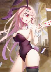 Rule 34 | 1girl, absurdres, alternate costume, animal ears, bare shoulders, black leotard, black thighhighs, blurry, blurry background, blush, breasts, card, card game, cleavage, covered navel, detached collar, earrings, fake animal ears, feet out of frame, girls&#039; frontline, hair ornament, hairpin, hand on own hip, highres, holding, holding card, jewelry, large breasts, leotard, long hair, looking at viewer, mole, mole under eye, moyus, nail polish, open mouth, parted lips, pink hair, pink lips, pink nails, playboy bunny, rabbit ears, rabbit tail, red eyes, sideboob, sig mcx (girls&#039; frontline), single thighhigh, smile, solo, spade (shape), spade earrings, standing, tail, thighhighs, thighs, white wrist cuffs, wrist cuffs