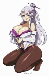 Rule 34 | bra, breasts, cleavage, d-ryuu, dress shirt, frolaytia capistrano, hairpin, heavy object, huge breasts, lace, pantyhose, purple eyes, shirt, silver hair, smile, thighs, underwear, undressing