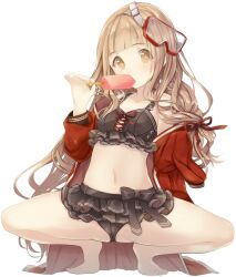 Rule 34 | artist request, blonde hair, food, goggles, jacket, popsicle, red riding hood (sinoalice), sinoalice, skirt, yellow eyes