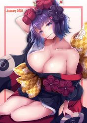 Rule 34 | 1girl, alternate breast size, blue eyes, breasts, cleavage, dated, fate/grand order, fate (series), hair bun, hair ornament, hairpin, japanese clothes, katsushika hokusai (fate), kimono, large breasts, mouth hold, obi, off shoulder, purple hair, saboten teishoku, sash, single hair bun, solo, wide sleeves