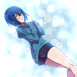Rule 34 | 1girl, absurdres, alternate costume, ass, ass focus, axia-chan, black-framed eyewear, black shorts, blue eyes, blue hair, blue hoodie, blush, ciel (tsukihime), commentary, english commentary, glasses, hair between eyes, hands on own chest, highres, hood, hood down, hoodie, looking at viewer, parted lips, short hair, short shorts, shorts, solo, tsukihime, tsukihime (remake)
