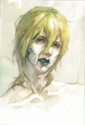 Rule 34 | 1boy, absurdres, bandage on face, bandages, blonde hair, diego brando, glasgow smile, green eyes, green lips, highres, jojo no kimyou na bouken, linky, lipstick, makeup, male focus, painting (medium), realistic, solo, steel ball run, traditional media, upper body, watercolor (medium)