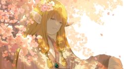 Rule 34 | 1girl, blonde hair, chamwa, cherry blossoms, closed mouth, commentary, day, earclip, elf, english commentary, falling petals, flower, green brooch, highres, long hair, looking at viewer, low-tied long hair, outdoors, petals, pink flower, pointy ears, robe, serie (sousou no frieren), simple background, solo, sousou no frieren, tree, upper body, white background, white robe, yellow eyes