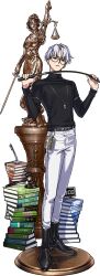 Rule 34 | 1boy, alarm clock, book, book stack, boots, charisma house, clock, closed mouth, gavel, glasses, highres, holding, jewelry, kusanagi rikai, long sleeves, looking at viewer, male focus, mallet, mojisan (ebimo), necklace, official art, pants, riding boots, riding crop, solo, standing, statue, turtleneck, white hair