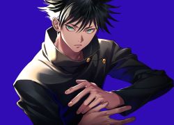 Rule 34 | 1boy, black hair, black jacket, blue background, buttons, closed mouth, fushiguro megumi, green eyes, hands up, jacket, jujutsu kaisen, long sleeves, looking at viewer, male focus, own hands together, short hair, simple background, solo, spiked hair, tenobe, upper body, v-shaped eyebrows