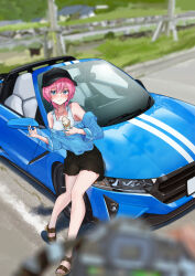 Rule 34 | 1girl, bare legs, black headwear, black shorts, blue car, blue eyes, blue shirt, blurry, blurry foreground, blush, breasts, brown footwear, camera, car, convertible, depth of field, earrings, feet, grey tank top, hair between eyes, hands up, high heels, highres, holding, holding camera, honda s660, ice cream cone, jewelry, legs, looking at viewer, medium breasts, medium hair, motor vehicle, nail polish, off-shoulder shirt, off shoulder, original, outdoors, pink hair, pov, sandals, shirt, short shorts, shorts, sidelocks, sitting on car, solo focus, tank top, toenail polish, toenails, toes, torn clothes, torn shorts, wavy mouth, you&#039;a