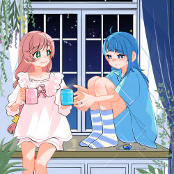 Rule 34 | 2girls, ahoge, alternate hairstyle, blouse, blue eyes, blue hair, blue shirt, blue shorts, blue socks, bright pupils, collared shirt, cup, cut bangs, diffraction spikes, frown, giving, green eyes, hair down, hair ornament, hair scrunchie, half-closed eyes, heart, heart necklace, hirogaru sky! precure, holding, holding cup, hugging own legs, indoors, jewelry, long hair, looking at another, multiple girls, necklace, night, nijigaoka mashiro, pink hair, plant, precure, scrunchie, shirt, short sleeves, shorts, sitting, sky, sleepwear, smile, socks, sora harewataru, star (sky), starry sky, striped clothes, striped socks, ton (ton39342104), unworn jewelry, unworn necklace, white pupils, white shirt, white shorts, window, windowsill, yellow scrunchie