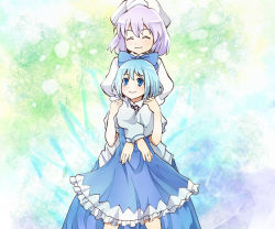 Rule 34 | 2girls, blue bow, blue door, blue dress, blue eyes, blue hair, bow, cirno, closed eyes, closed mouth, dress, hair bow, hug, ice, ice wings, letty whiterock, long sleeves, looking to the side, multiple girls, purple hair, short hair, short sleeves, smile, standing, touhou, white headwear, wings