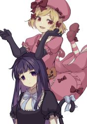 Rule 34 | 2girls, :d, black dress, black gloves, blonde hair, blue bow, blue hair, bow, bowtie, cat tail, commentary request, dress, dress bow, elbow gloves, fang, footwear bow, frederica bernkastel, frown, gloves, hair bow, hat, hat bow, highres, jewelry, lambdadelta, long hair, mkr (wepn3428), multiple girls, necklace, open mouth, pearl necklace, pink dress, pink headwear, puffy short sleeves, puffy sleeves, purple eyes, red bow, red eyes, short hair, short sleeves, smile, socks, striped clothes, striped socks, tail, tail bow, tail ornament, umineko no naku koro ni