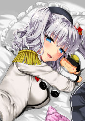 Rule 34 | 1girl, admiral (kancolle), beret, black hat, black skirt, blue eyes, blush, blush stickers, breasts, epaulettes, frilled pillow, frills, hair ribbon, half-closed eyes, hat, hugging object, jacket, kantai collection, kashima (kancolle), kojima saya, large breasts, long hair, long sleeves, looking at viewer, lying, military, military jacket, military uniform, neckerchief, on side, open mouth, panties, pillow, pink panties, pleated skirt, red neckerchief, ribbon, ribbon-trimmed panties, sidelocks, silver hair, skirt, smile, solo, stuffed toy, tsurime, twintails, underwear, uniform, unworn panties, unworn skirt, upper body, wavy hair, white jacket